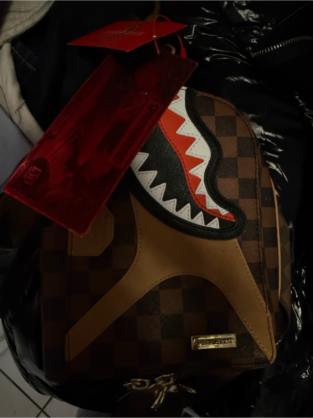 spray ground Checkerboard Brown Backpack with Shark Mouth Patch